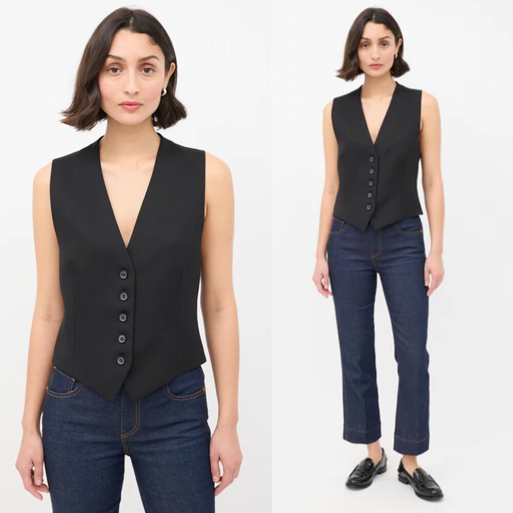 Nili Lotan Tuxedo Vest Black Virgin Wool V-Neck Button-Up Sz 2